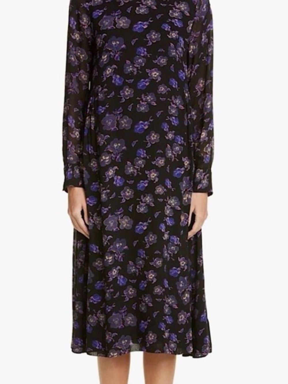 Ganni Black Midi Dress with Purple Floral Print and sheer sleeves